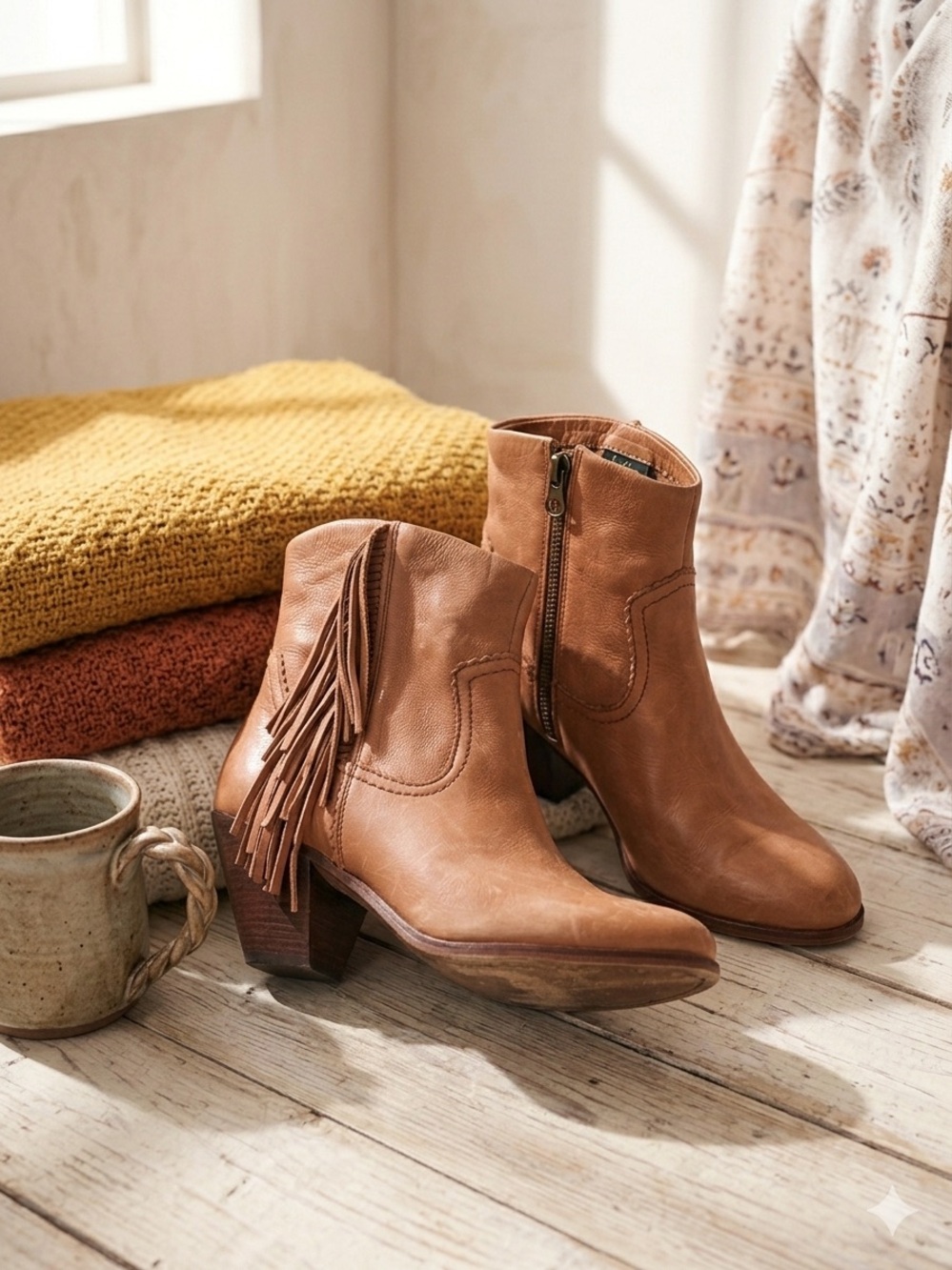 Sam Edelman Tan Leather Fringe Ankle Boots 9.5.